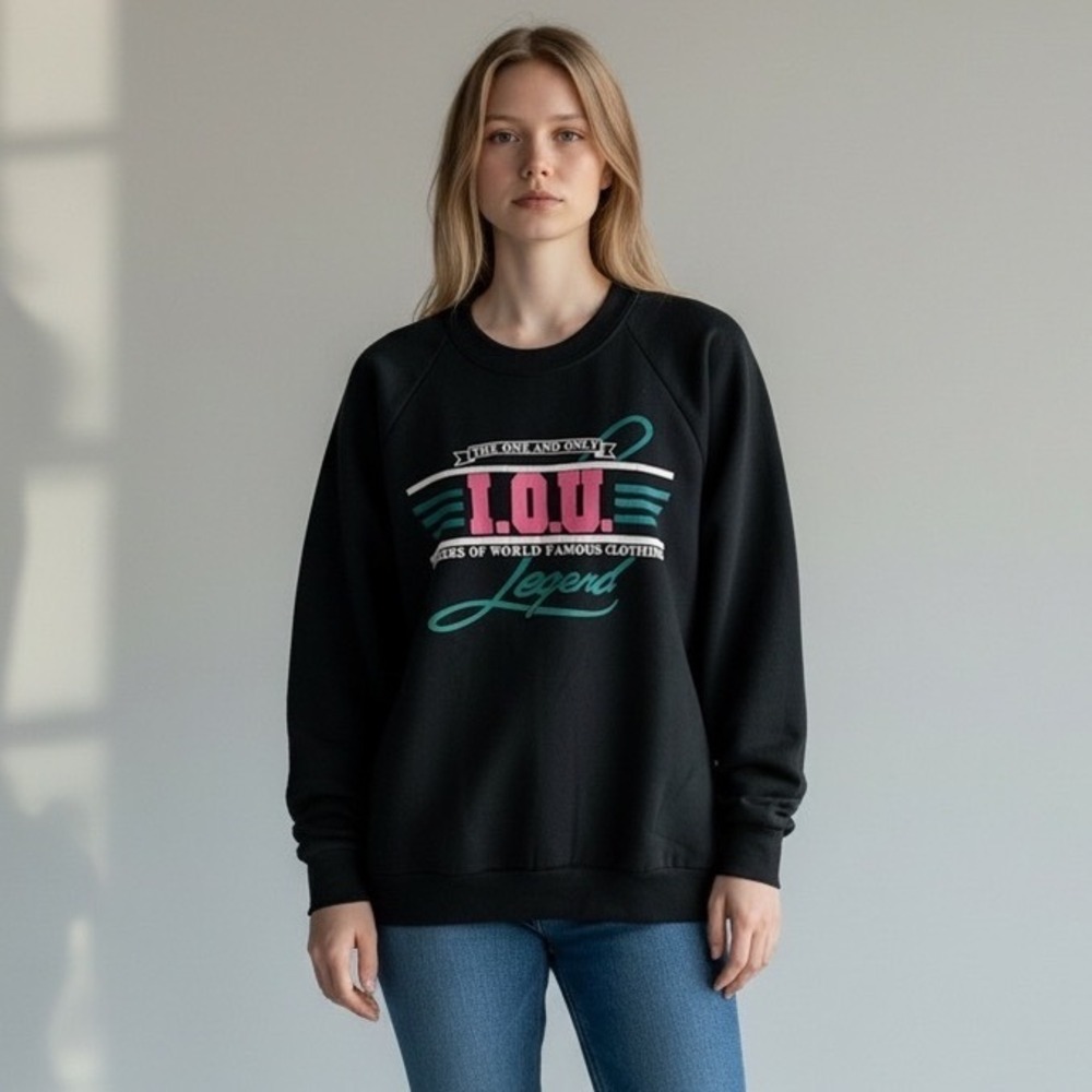 Vintage I.O.U. Legend Sweatshirt Black Fruit of the Loom Made in USA Large